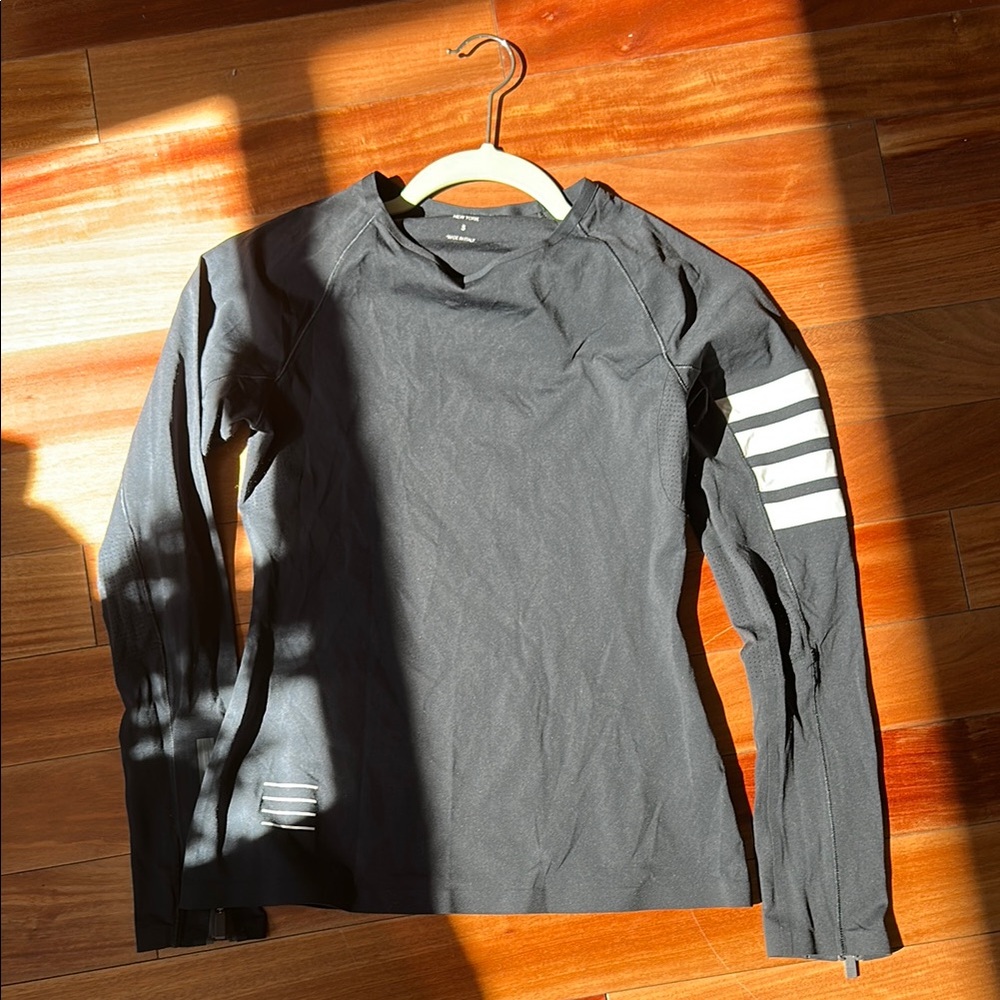 Thom Browne Navy Blue Long Sleeve Spandex Shirt with White Stripes